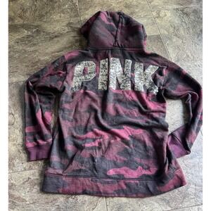 PINK Victoria's Secret Burgundy Camouflage Bling Sherpa Hoodie Size XS Red